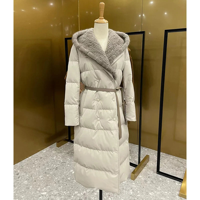 2023 Winter Women Long Coats Filling White Goose Down With Natural Real Mink Fur Collar Luxury Thick Warm Hooded Fashion Jacket