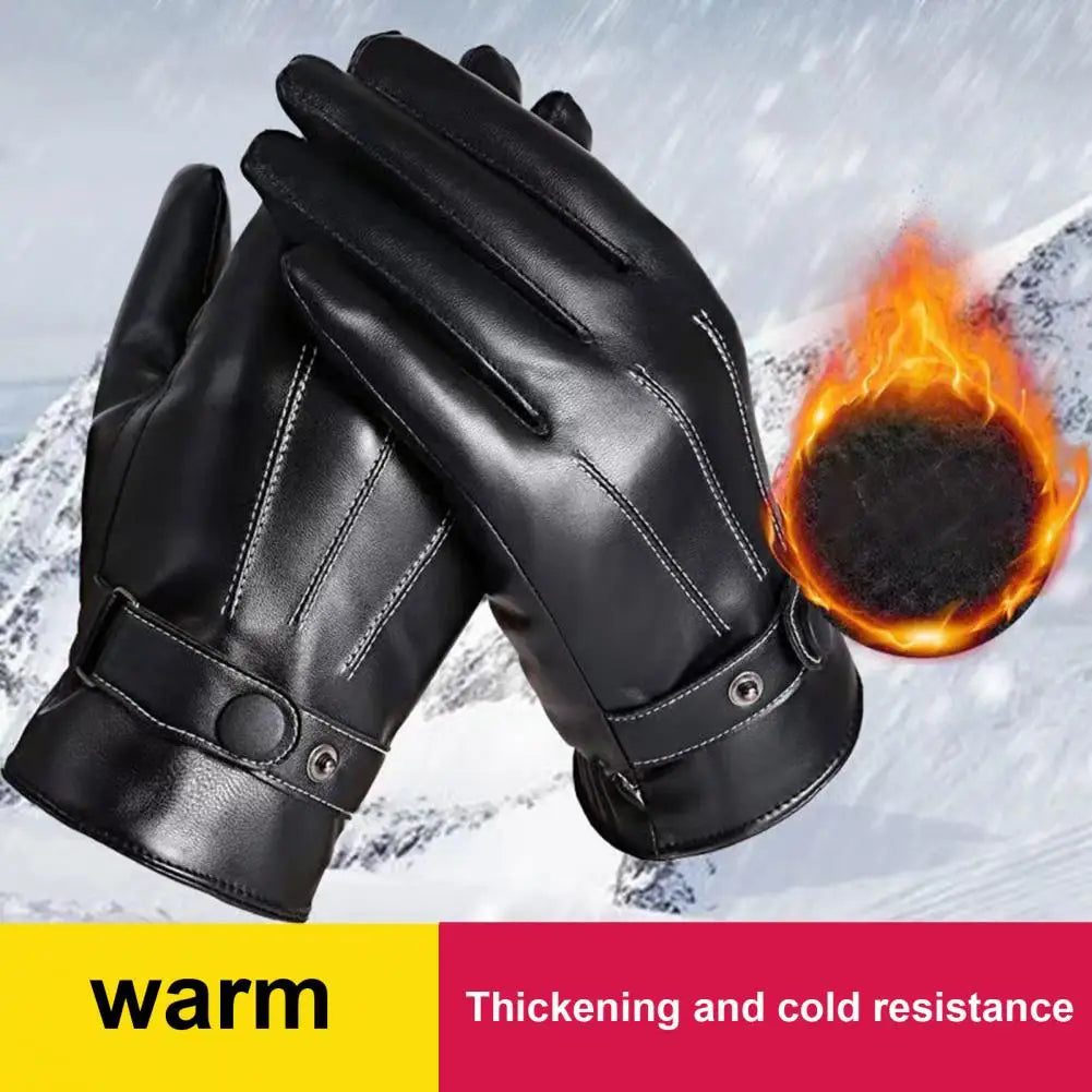 Thickened Plush Leather Gloves Men Touchscreen Gloves Motorcycle Wear Resistant Windproof  Insulated Winter Gloves