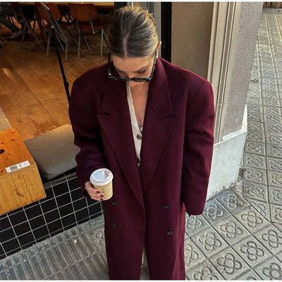 Casual Double-breasted Lapel Oversized Woolen Overcoat Women Chic Pockets Full Sleeve Coat 2024 New Autumn Lady Retro Streetwear