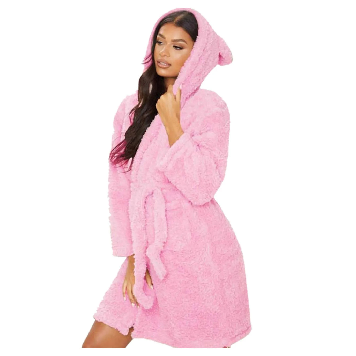 Winter Warm Casual Robes Woman Ear Hooded Bathrobe Plush Robe V Neck Long Sleeve Shawl Kimono Warm Bath Robes Coat