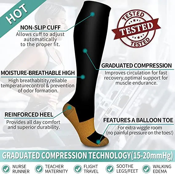 3 Pair Copper Compression Socks Women Men Anti Fatigue Pain Relief Graduated Unisex Compression Stockings Knee High 15-20 MmHg