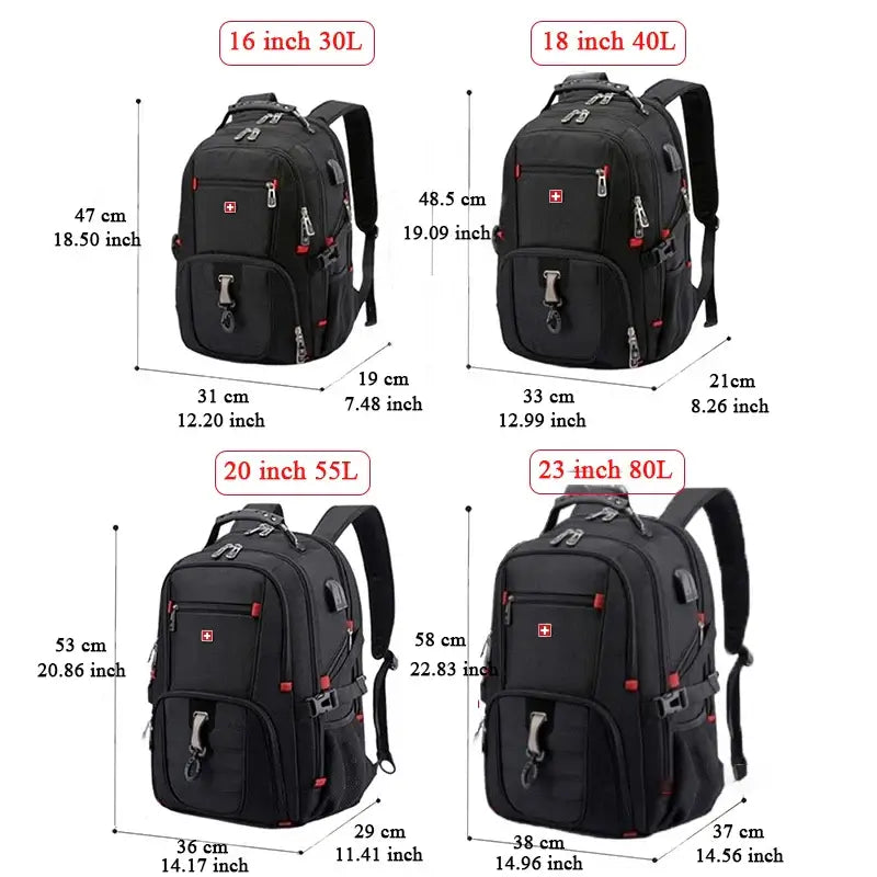 SWISS Classic Men Durable 17 Inch Laptop Backpack 80L Travel Bag College Bookbag USB Charging Waterproof Multifunctional Mochila