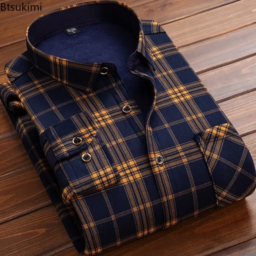 2024 Men's Casual Thick Warm Plaid Long Sleeve Shirts Autumn Winter Fashion Shirt for Men Formal Business Office Shirts Camisas