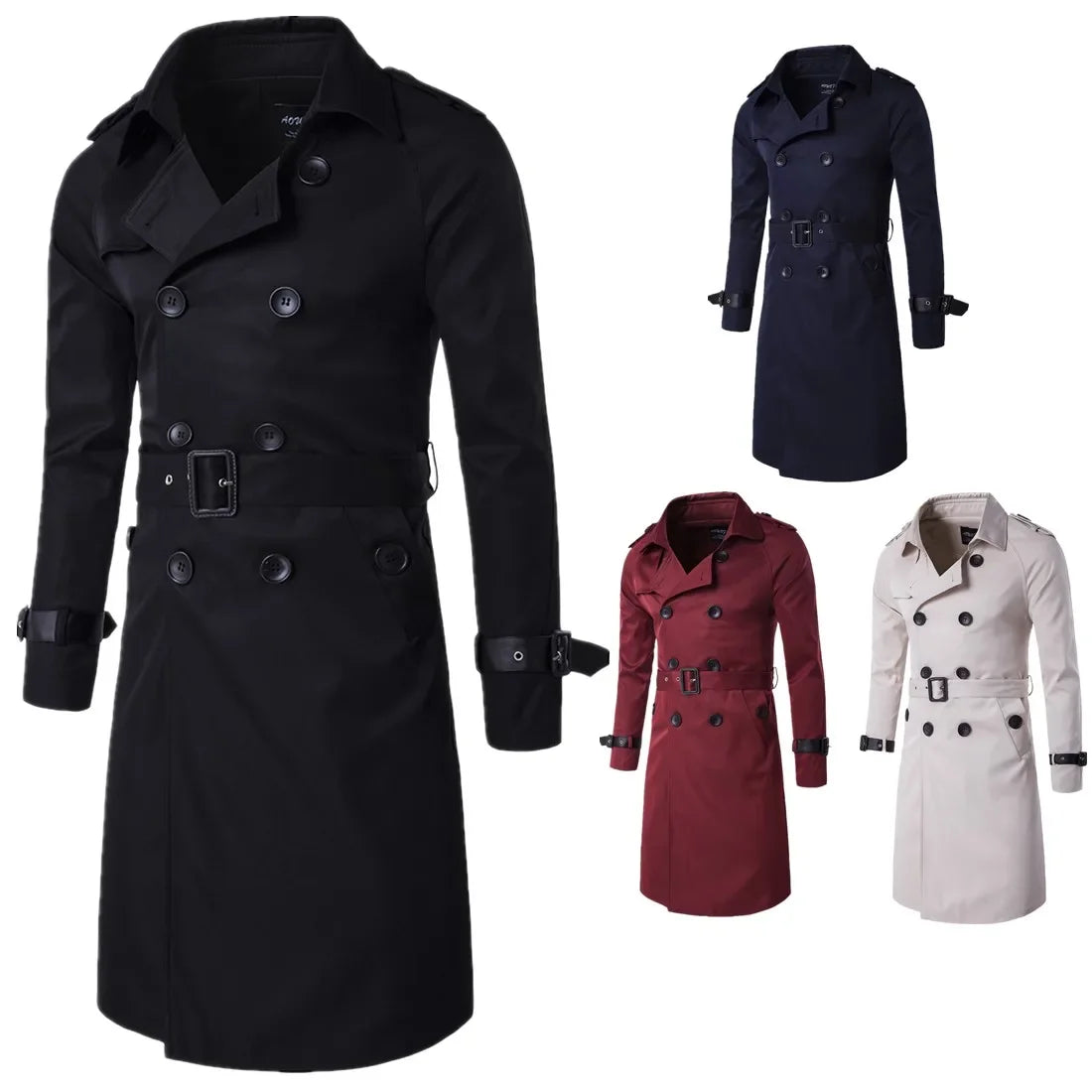 2024 New Mens Spring Autumn Windbreak Overcoat Long Trench Coats with Belt Male Pea Coat Double Breasted Peacoat