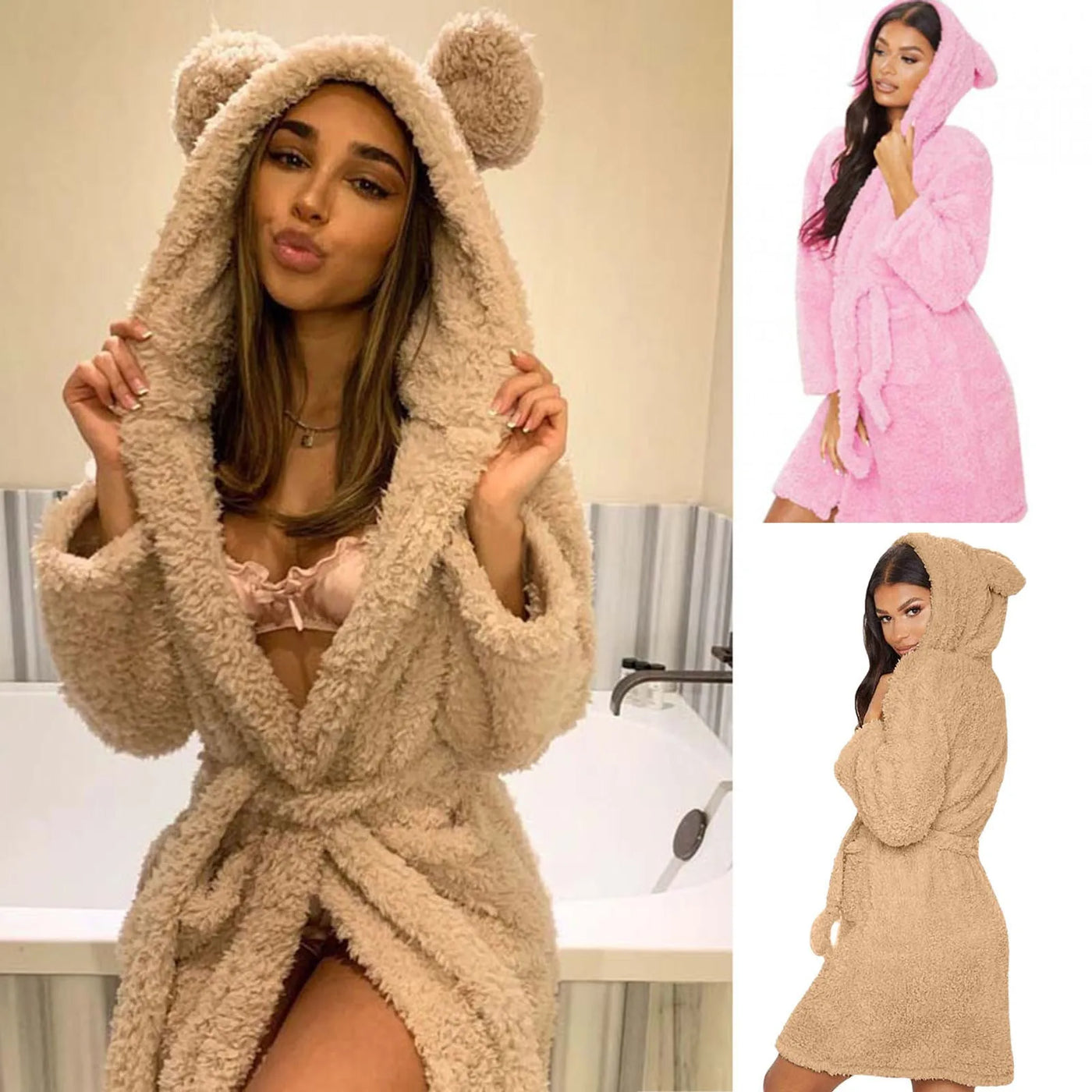 Winter Warm Casual Robes Woman Ear Hooded Bathrobe Plush Robe V Neck Long Sleeve Shawl Kimono Warm Bath Robes Coat