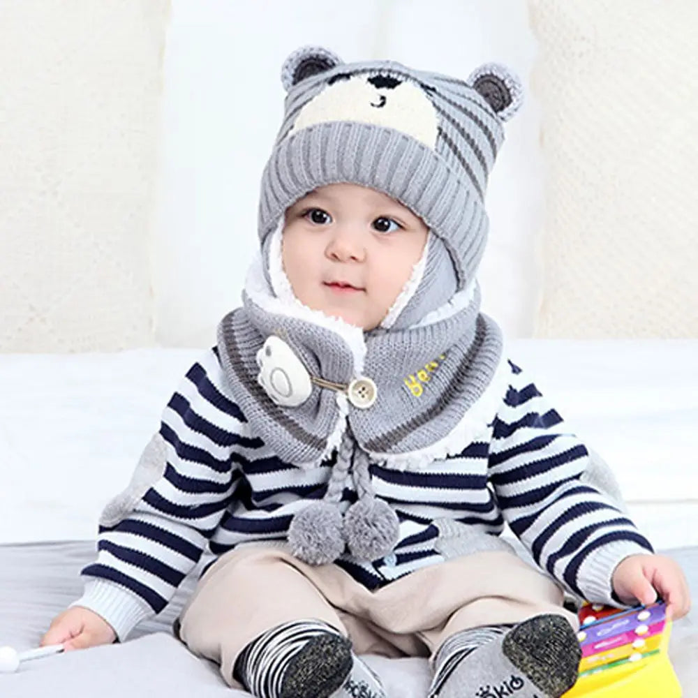 Winter Knitwear Toddler Baby Baby Beanie Cap Bear Earmuff Neck Scarf Kids Hat Scarf Set