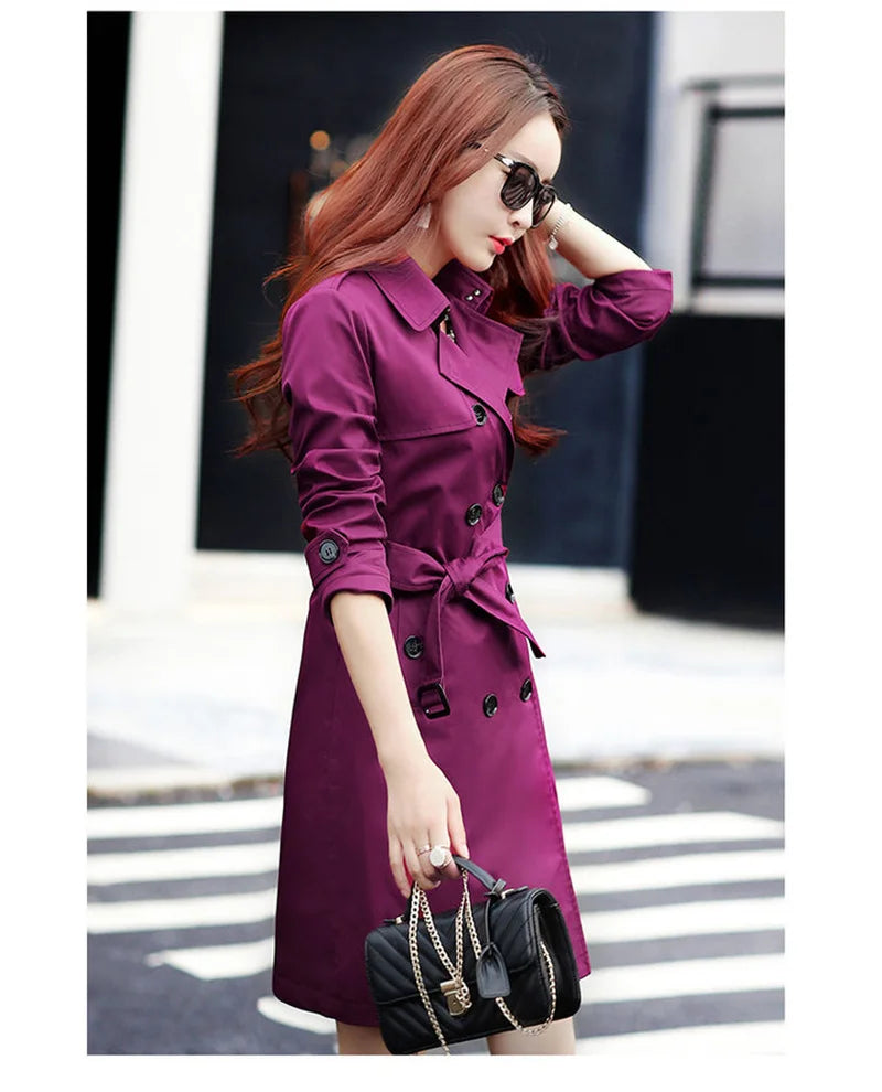 Purple Windbreaker Women's Mid-Length Trench Coat 2023 Spring New Korean Slim Waist British Casual Autumn Coat With Belt Outwear