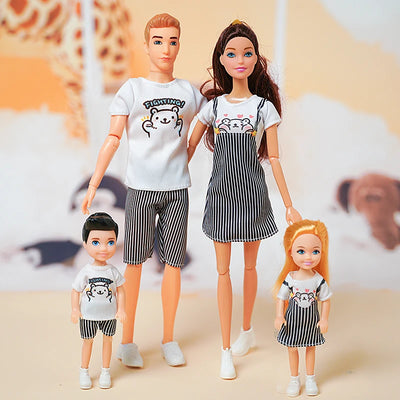 1/6 Barbi Doll Toy Family Doll Set of 4 People Mom Dad Kids 30cm Barbies Doll Full Set With Clothes for Education Birthday Gift