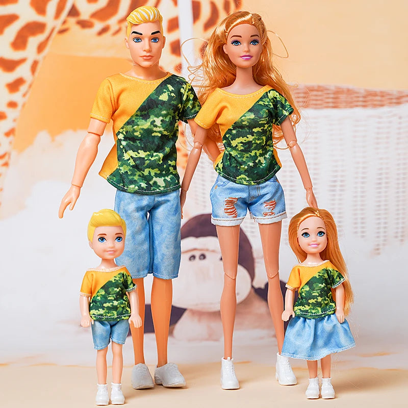 1/6 Barbi Doll Toy Family Doll Set of 4 People Mom Dad Kids 30cm Barbies Doll Full Set With Clothes for Education Birthday Gift