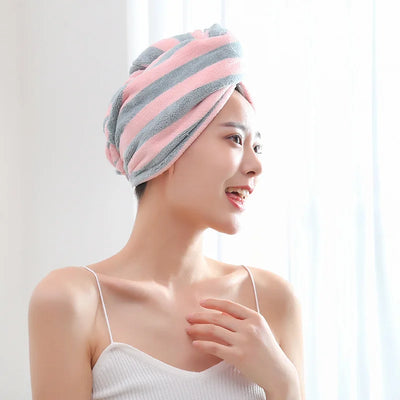 Stripe Quick-dry Hair Towel Women Hair Drying Hat Coral Fleece Solid Towel Cap Super Absorption Turban Hair Dry Cap