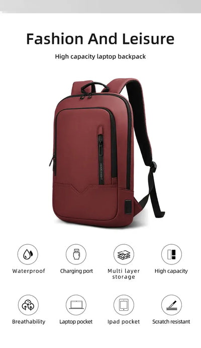 HK Business Slim Backpack For Men Water Resistant 15.6 inch Laptop Bag With USB Charger Light Weight Travel Bag for Work Office