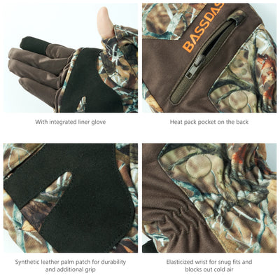 BASSDASH Men’s Insulated Mittens Winter Camo Hunting Gloves Water Resistant for Cold Weather Outdoor Activities HG04M