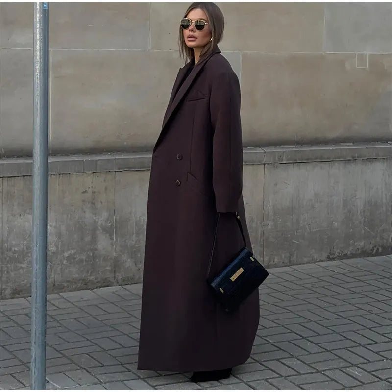 Casual Double-breasted Lapel Oversized Woolen Overcoat Women Chic Pockets Full Sleeve Coat 2024 New Autumn Lady Retro Streetwear