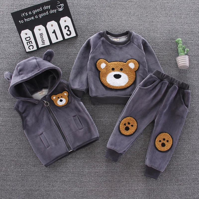 Kids Thickened Sets Children Padded Warm Tripartite Boys Girls Cotton Top Coat Pants 3Pcs Toddler Cute Plush Outfit Baby Costume