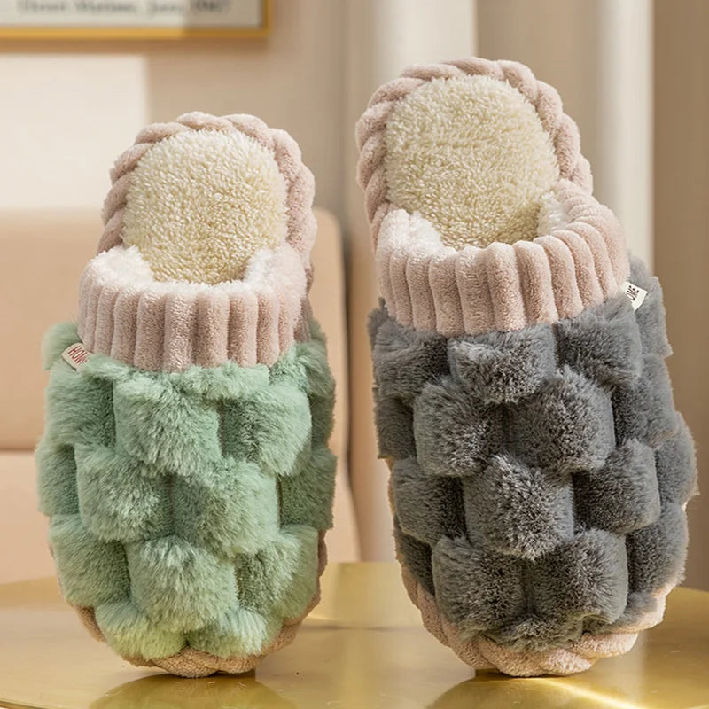 Fashion Couple Winter Toe Wrap Warm Plaid Cotton Slippers Thick Soft Sole Slides Men Women Indoor Floor Flat Home Non-slip Shoes