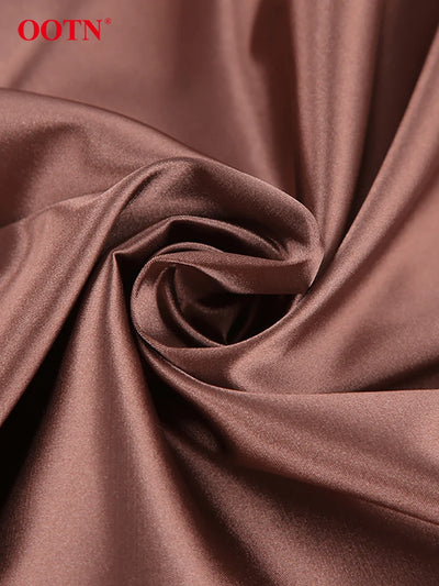 OOTN Elegant Brown Satin A Line Skirts Women Office Lady Silk Long Skirt Fashion Casual Ankle-Length Skirts Female 2024 Spring