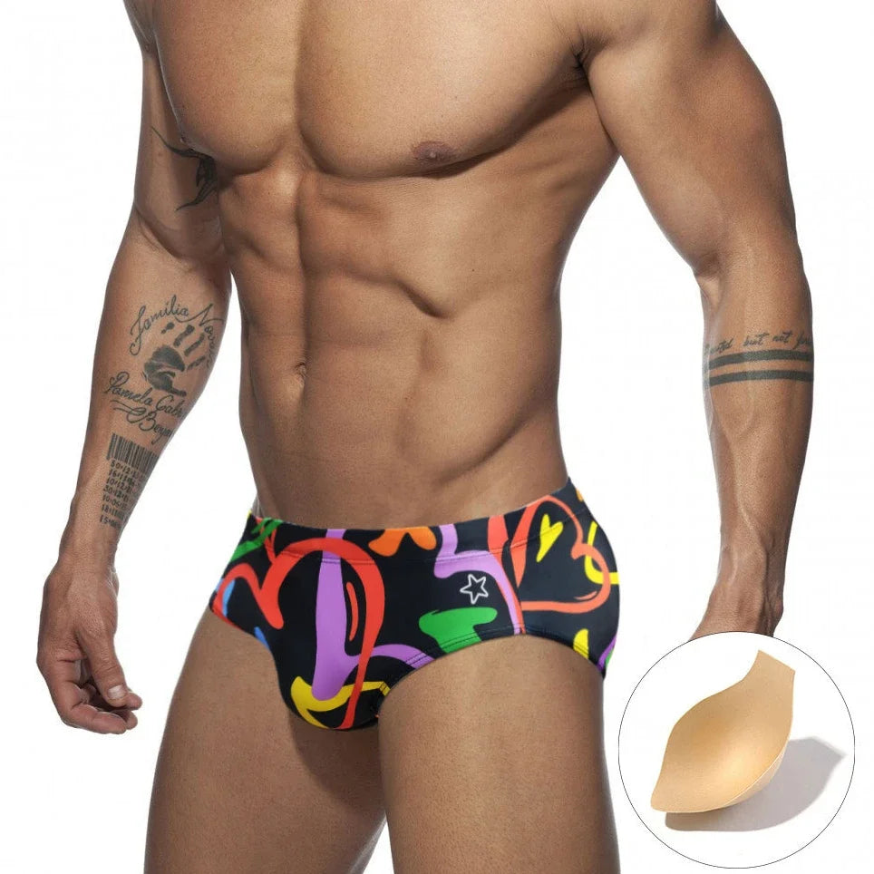 2024 Colored Hearts Push Up Swimwear Men Swimming Briefs Sexy UXH Bikini Swimsuit Men Swim Wear Trunk Beach Surfing Bathing Suit