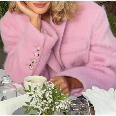 Women's Elegant Pink Lapel Pockets Woolen Blazer Coat Fashion Single-breasted Loose Long Sleeve Coats 2024 Lady Sweet Outerwear