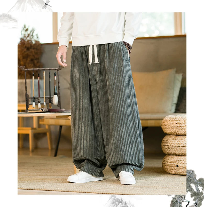 Oversized Pants Tradition Casual Autumn Wide-leg Trousers Harajuku Corduroy Streetwear Straight Pants Male Elastic Waist Loose