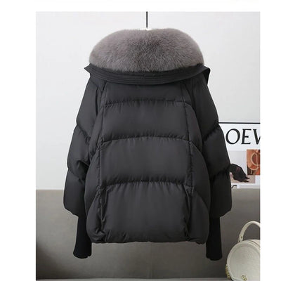 Winter New Fur Collar Puffer Down Parka Loose Down Warmer Thicken Snow Jacket Pocket Zipper Faux Fur Outerwear Female