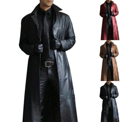 2024 Men Faux Leather Trench Fashion Long Sleeve Autumn Windbreaker Coat Slim Leather Long Leather Jacket Men's Jacket Outwear