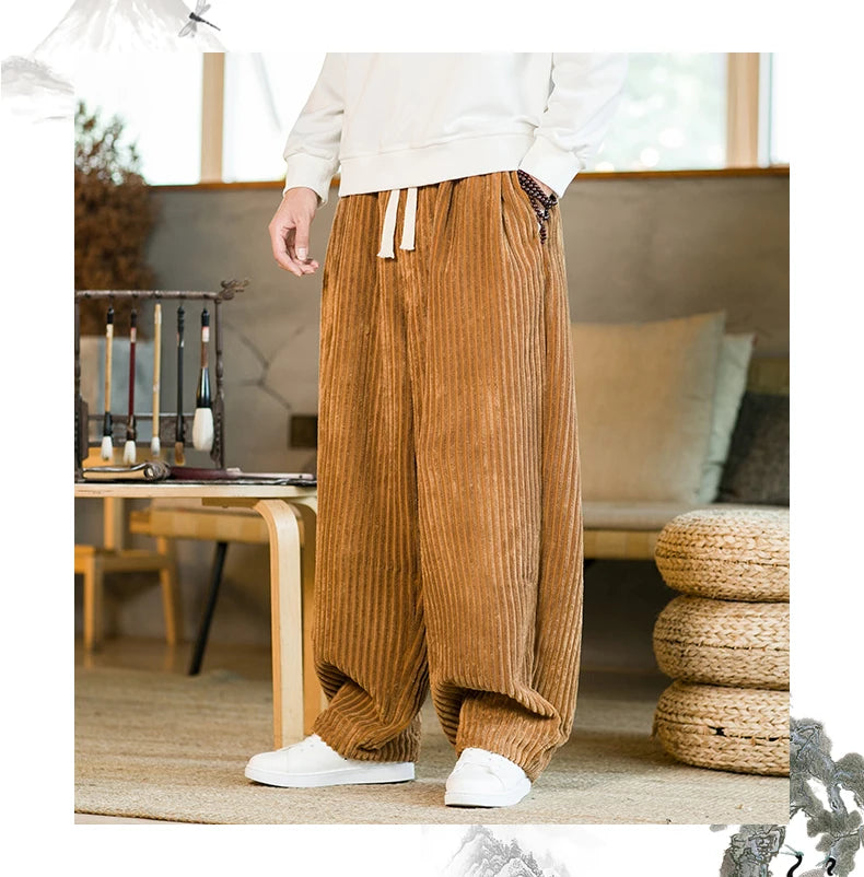 Oversized Pants Tradition Casual Autumn Wide-leg Trousers Harajuku Corduroy Streetwear Straight Pants Male Elastic Waist Loose