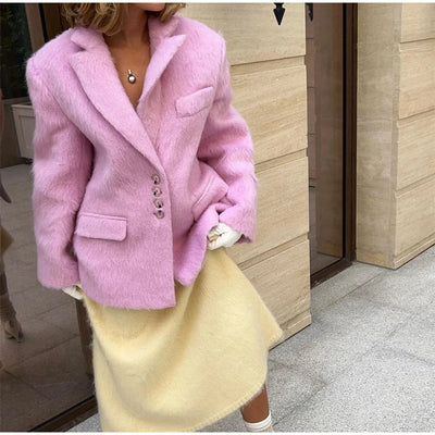 Women's Elegant Pink Lapel Pockets Woolen Blazer Coat Fashion Single-breasted Loose Long Sleeve Coats 2024 Lady Sweet Outerwear