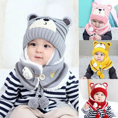 Winter Knitwear Toddler Baby Baby Beanie Cap Bear Earmuff Neck Scarf Kids Hat Scarf Set