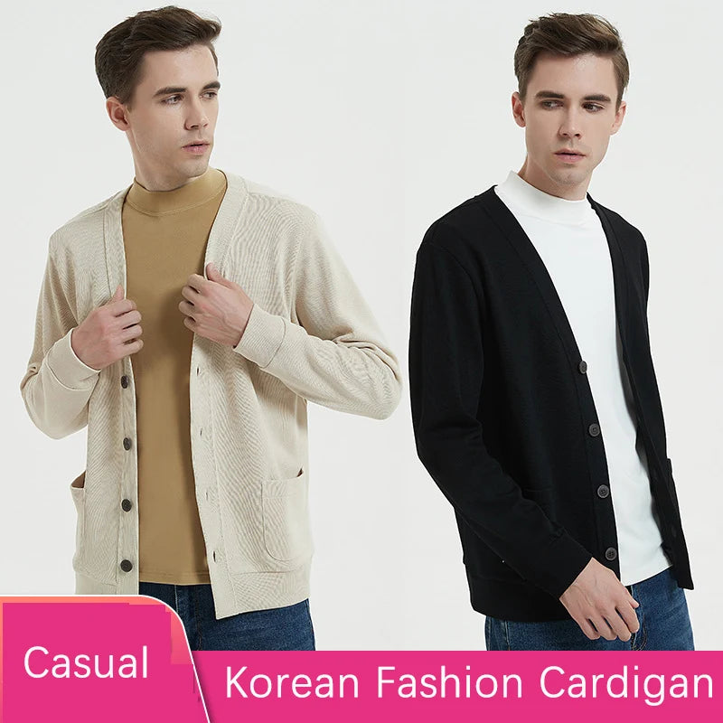 BROWON New Knitted Sweater Cardigan Men 2024 Autumn Solid Casual Man Clothes Korean Fashion 80% Cotton V-Neck Collar Sweater Men