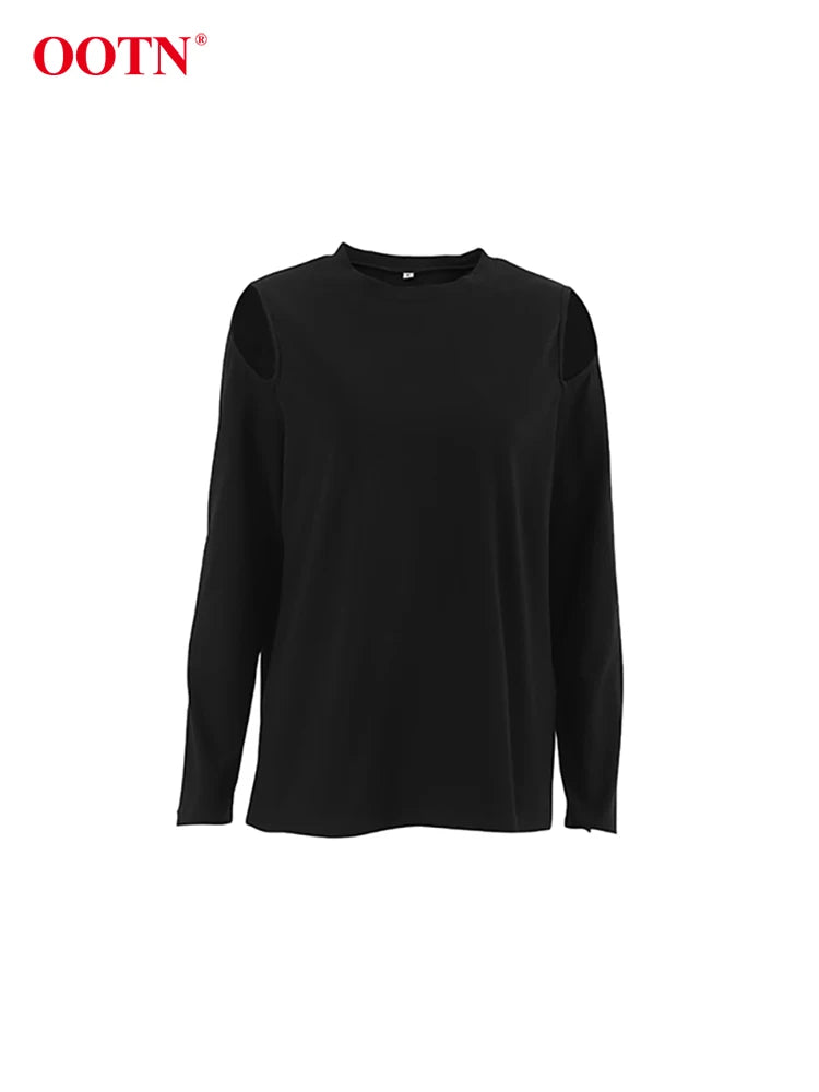 OOTN Sexy Black Hollow Out T Shirts Fashion Casual Slim O Neck Tees Female Spring Street Cotton Long Sleeve Shirt Women 2024