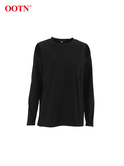 OOTN Sexy Black Hollow Out T Shirts Fashion Casual Slim O Neck Tees Female Spring Street Cotton Long Sleeve Shirt Women 2024