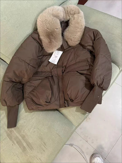 Winter New Fur Collar Puffer Down Parka Loose Down Warmer Thicken Snow Jacket Pocket Zipper Faux Fur Outerwear Female