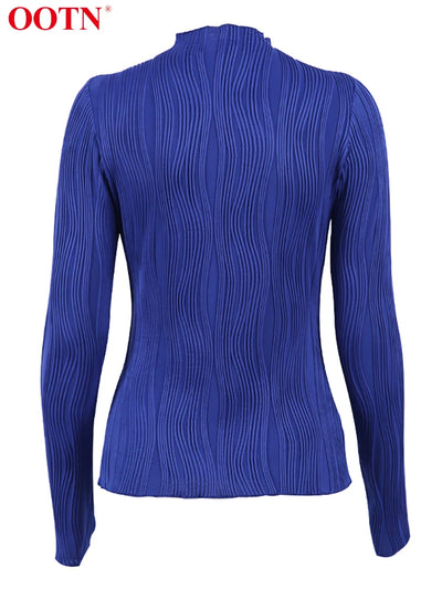 OOTN Spring Casual Blue Turtleneck T Shirts Elegant Knitted Pleated Long Sleeve Tops Skinny Fashion Street Slim Top Female 2024