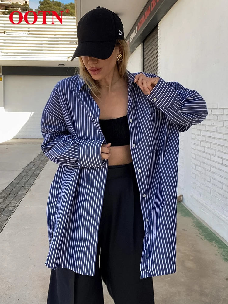 OOTN Street Blue Striped Loose Shirts Female 2024 Spring Casual Long Sleeve Tops Women Office Cotton Turn Down Collar Shirt