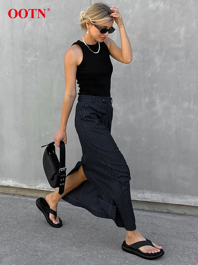 OOTN Streetwear Blue Stripe Straight Skirt Fashion Casual Twill High Waist Skirts Women Autumn Office Zipper Ankle-Length Skirt