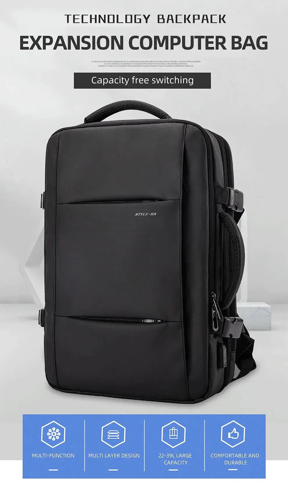 HK Travel Backpack Men Business Backpack Expandable School Bag Large Capacity 15.6" Laptop Waterproof Fashion Backpack with USB