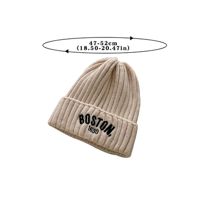 Winter Letter Baby Knit Hat Solid Color Embroidered Warm Toddler Beanie Cap Korean Stripe Kids Girls Boys Crochet Hats Bonnet