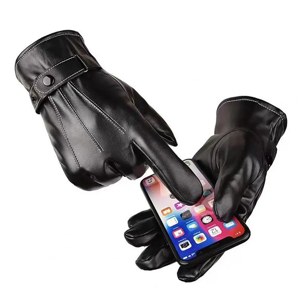 Thickened Plush Leather Gloves Men Touchscreen Gloves Motorcycle Wear Resistant Windproof  Insulated Winter Gloves