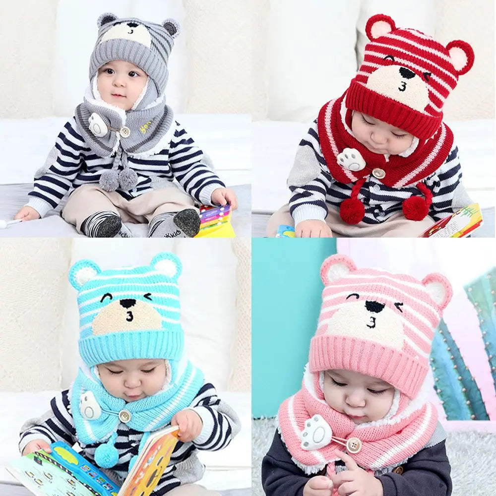 Winter Knitwear Toddler Baby Baby Beanie Cap Bear Earmuff Neck Scarf Kids Hat Scarf Set