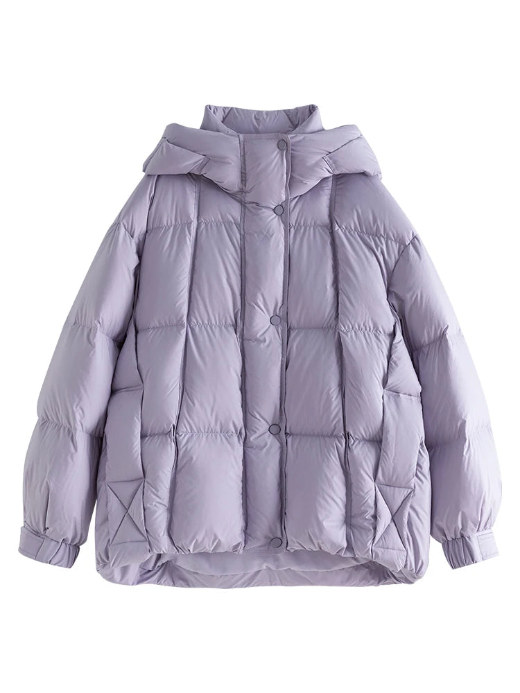 FSLE 163G Filling Capacity Women Winter Hooded Short Bread Coat Down Jackets Temperament Grey Commuter Simple Female Down Coats