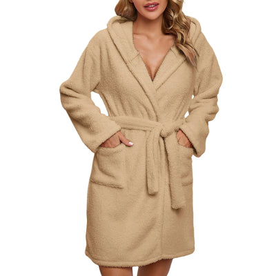 Winter Warm Casual Robes Woman Ear Hooded Bathrobe Plush Robe V Neck Long Sleeve Shawl Kimono Warm Bath Robes Coat