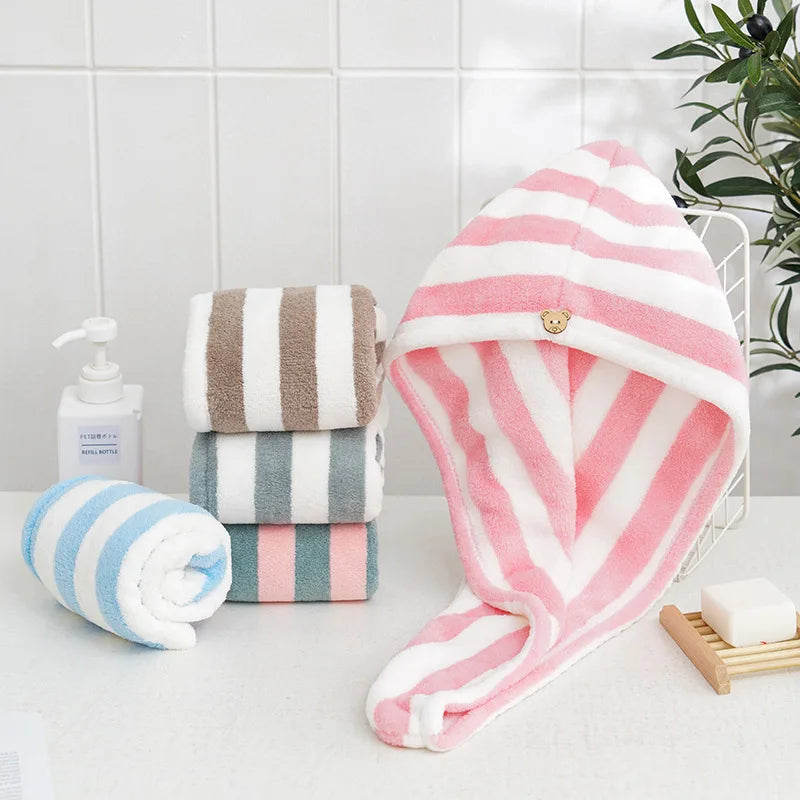 Stripe Quick-dry Hair Towel Women Hair Drying Hat Coral Fleece Solid Towel Cap Super Absorption Turban Hair Dry Cap