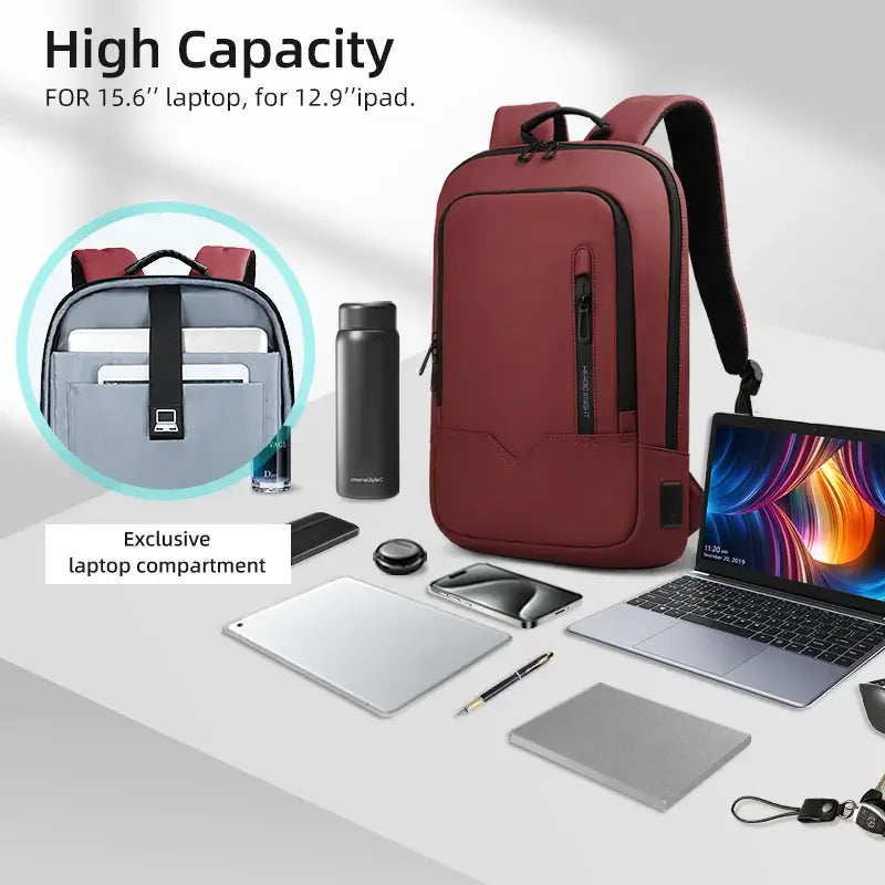 HK Business Slim Backpack For Men Water Resistant 15.6 inch Laptop Bag With USB Charger Light Weight Travel Bag for Work Office