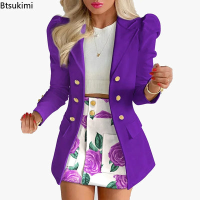 2024 Spring Summer Women's Casual Long Sleeve Jacket with Mini Skirt Two-piece Suit Tailleur Femme Blazer and Skit Dress Sets