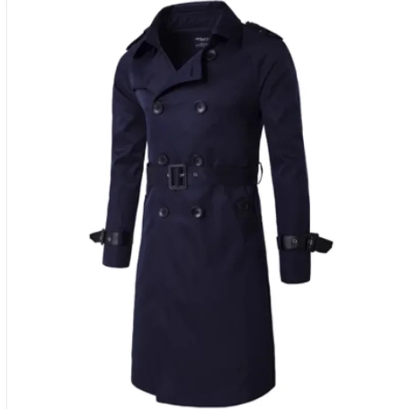 2024 New Mens Spring Autumn Windbreak Overcoat Long Trench Coats with Belt Male Pea Coat Double Breasted Peacoat