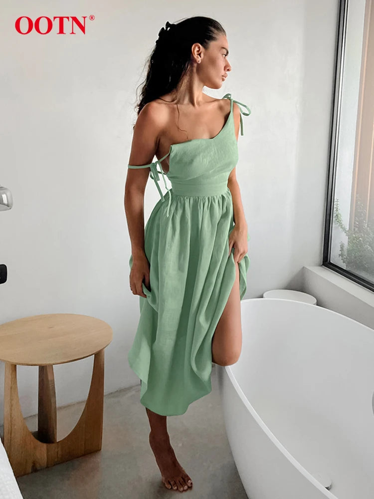 OOTN Summer Brown Linen Long Dress Women 2024 Fashion Khaki Pockets A-Line Pleated Dresses Casual Green Backless Sexy Dress Lady