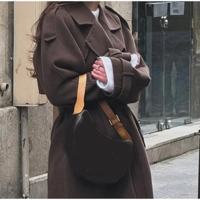 Casual Double-breasted Lapel Oversized Woolen Overcoat Women Chic Pockets Full Sleeve Coat 2024 New Autumn Lady Retro Streetwear