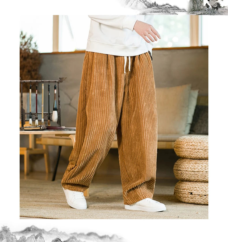 Oversized Pants Tradition Casual Autumn Wide-leg Trousers Harajuku Corduroy Streetwear Straight Pants Male Elastic Waist Loose