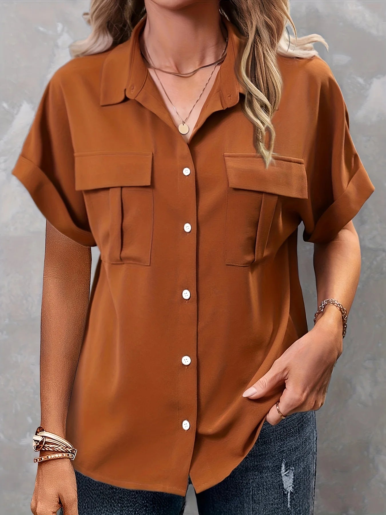 Plus Size Casual Blouse, Women's Plus Solid Roll Up Short Sleeve Turn Down Collar Button Up Shirt Top With Flap Pockets