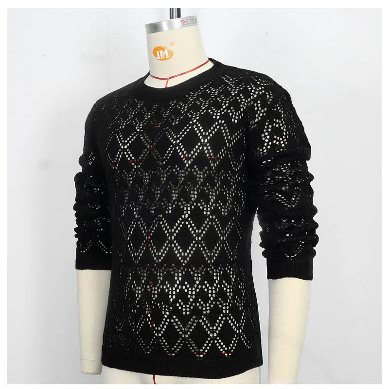 Sexy Hollow Men's Knitwear Party Perspective Thin Pullover Sweater Sexy Mesh Men Knit Sweater Fashion Personality Men's Clothing